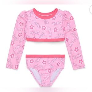 NWT Toddler Girls Barbie 2 Piece Swimsuit Pink Logo Long Sleeve Bikini Set 2T